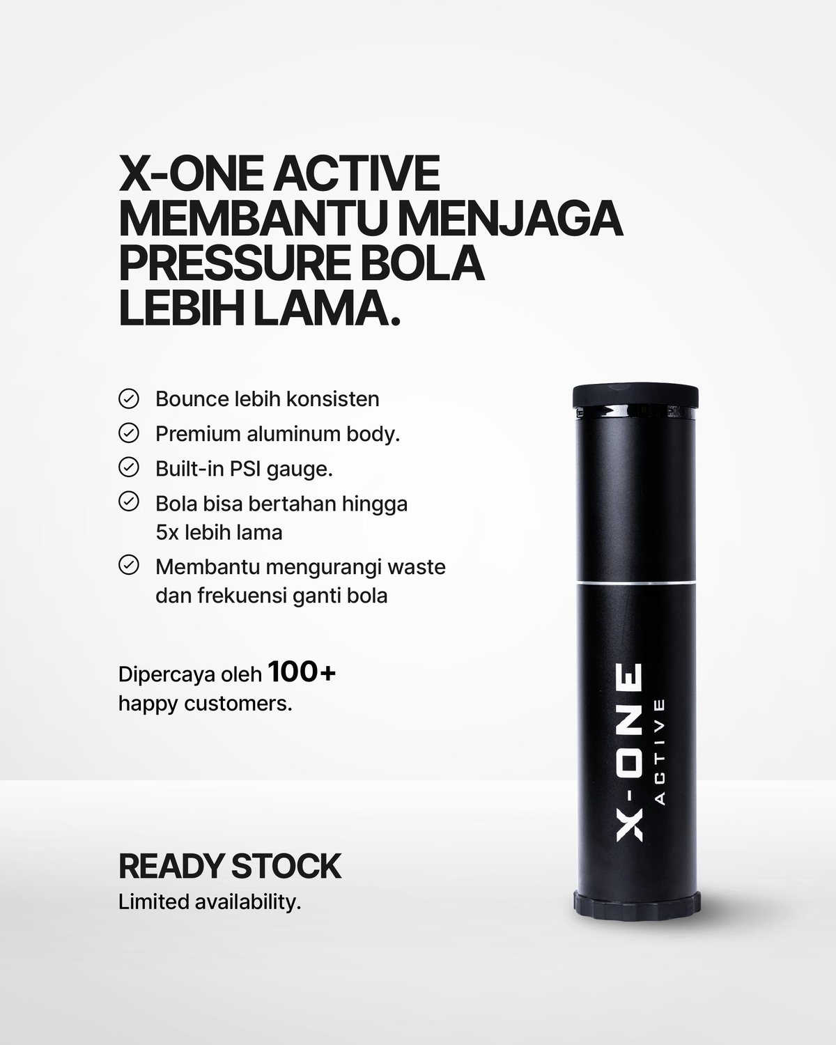 X-ONE Active membantu menjaga pressure bola lebih lama: bounce konsisten, bodi aluminium premium, PSI gauge built-in